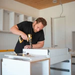 cuisiniste choisir en présentant un plan de cuisine sur tablette à un client