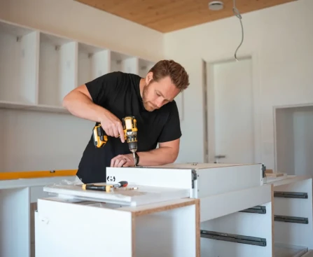 cuisiniste choisir en présentant un plan de cuisine sur tablette à un client