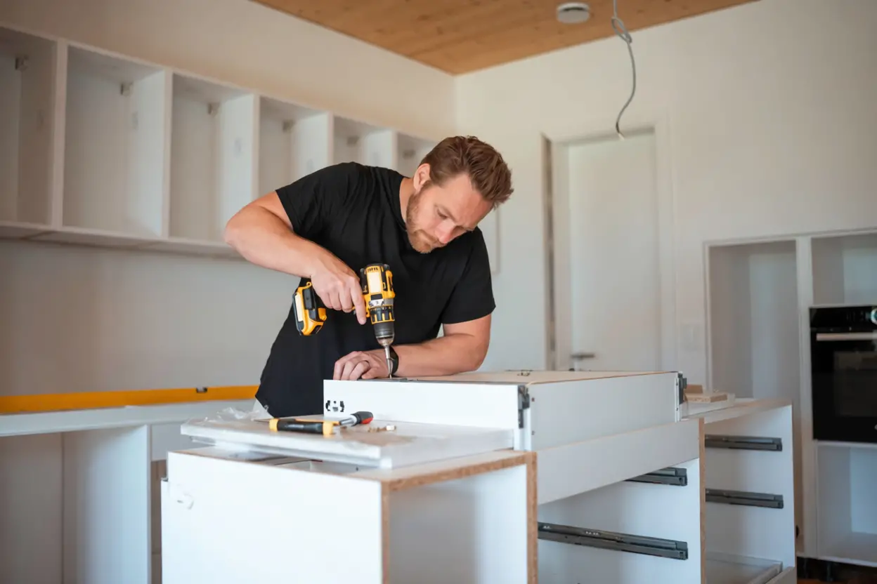 cuisiniste choisir en présentant un plan de cuisine sur tablette à un client