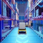 Vue d'un entrepôt intelligent automatisé avec robots et systèmes de gestion logistique