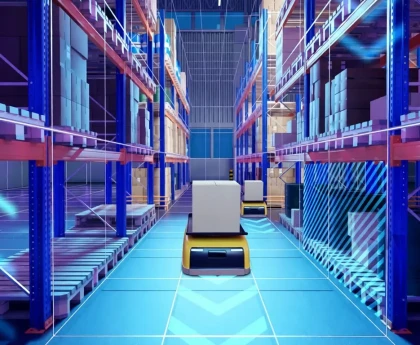 Vue d'un entrepôt intelligent automatisé avec robots et systèmes de gestion logistique