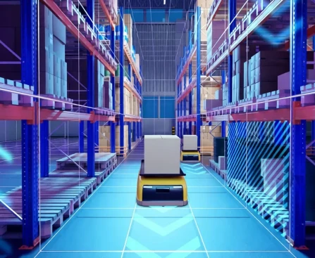 Vue d'un entrepôt intelligent automatisé avec robots et systèmes de gestion logistique