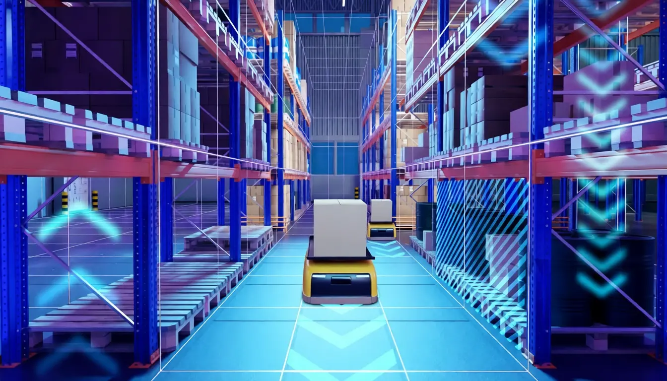 Vue d'un entrepôt intelligent automatisé avec robots et systèmes de gestion logistique