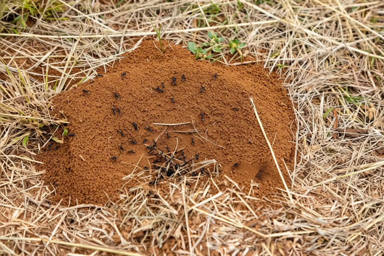 Fourmilière visible sur pelouse résidentielle