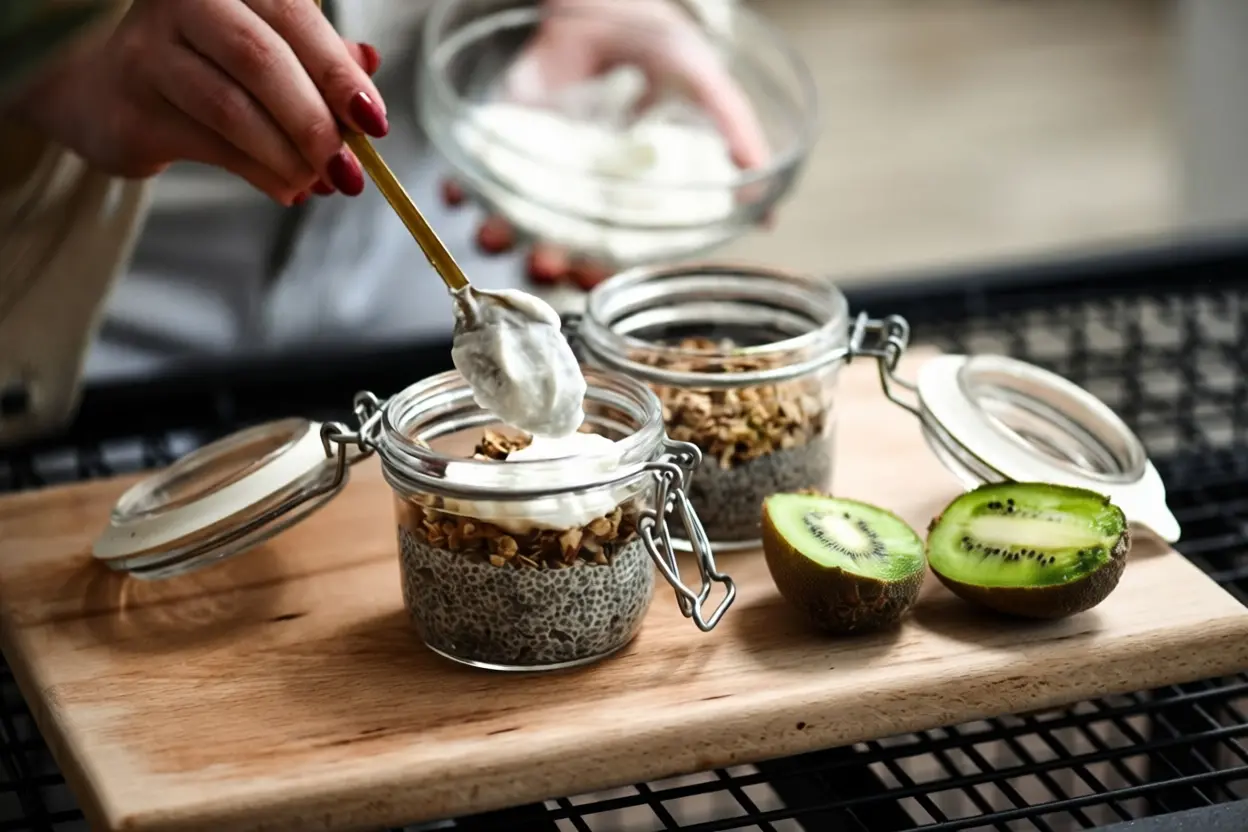 Graines de chia et cuillère en bois avec aliments santé en arrière-plan