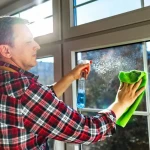 Flacon d'ammoniaque et chiffon pour nettoyer les vitres efficacement