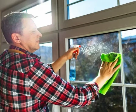 Flacon d'ammoniaque et chiffon pour nettoyer les vitres efficacement