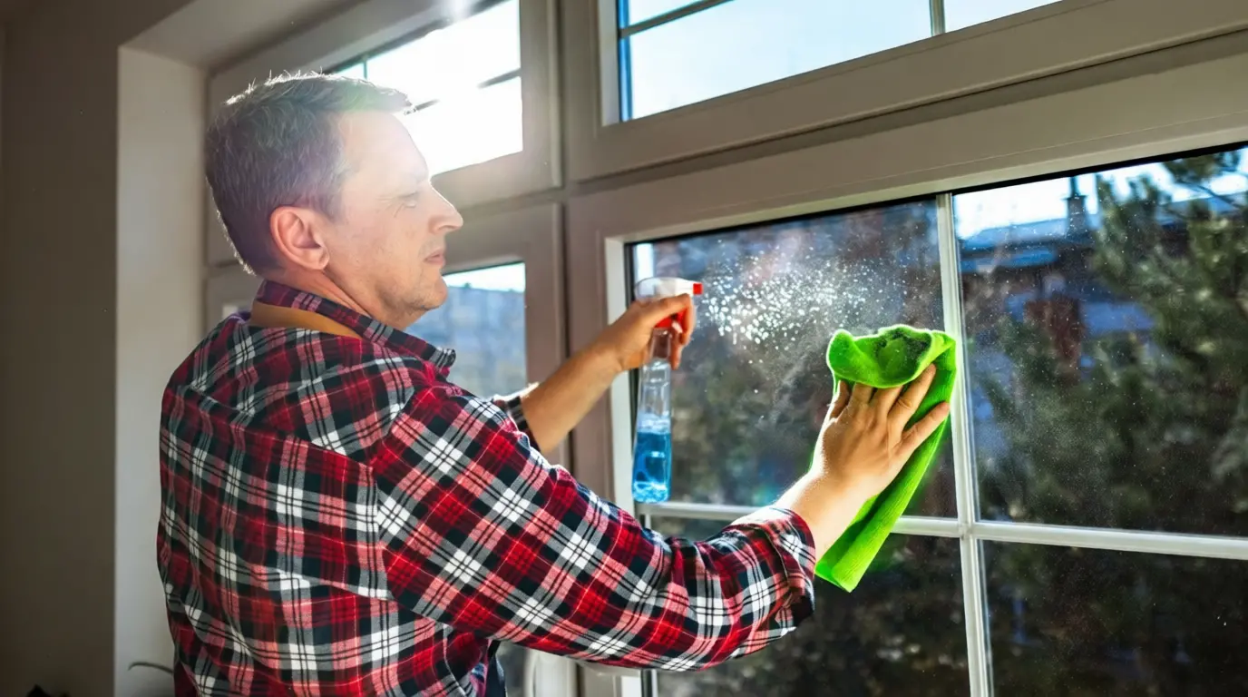 Flacon d'ammoniaque et chiffon pour nettoyer les vitres efficacement