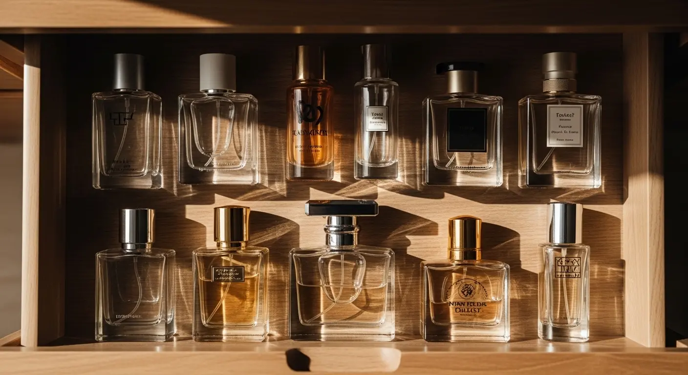 Flacons de parfum rangés dans un tiroir de chambre à coucher pour une conservation optimale