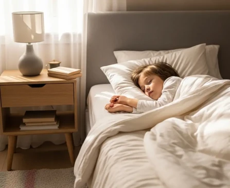Enfant qui dort paisiblement dans sa chambre préparée pour un bon sommeil à la rentrée