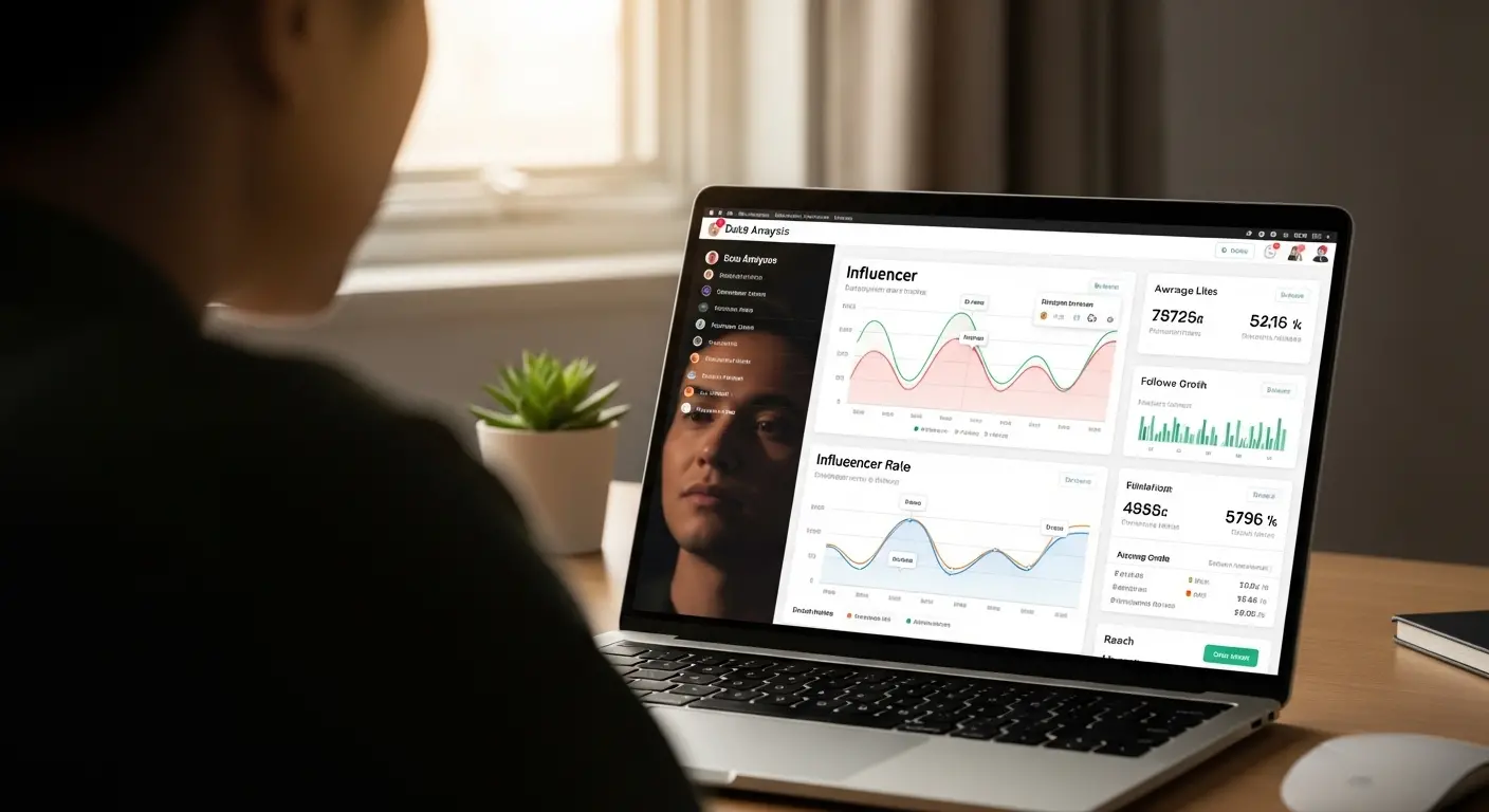 Interface d'un outil d'analyse de profil influenceur montrant des métriques d'engagement et de crédibilité d'audience