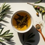Feuilles d'olivier séchées et fraîches disposées près d'une tasse de tisane, illustration des propriétés santé