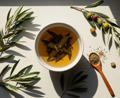 Feuilles d'olivier séchées et fraîches disposées près d'une tasse de tisane, illustration des propriétés santé