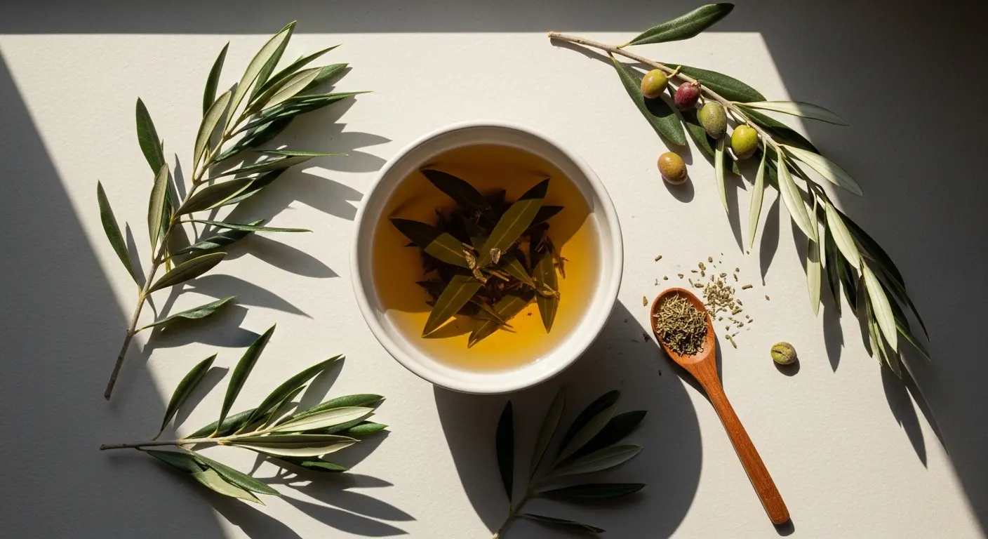 Feuilles d'olivier séchées et fraîches disposées près d'une tasse de tisane, illustration des propriétés santé