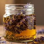 Macérat huileux maison de lavande dans un bocal en verre avec fleurs séchées