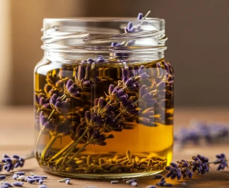 Macérat huileux maison de lavande dans un bocal en verre avec fleurs séchées