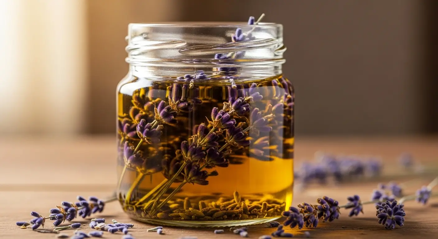 Macérat huileux maison de lavande dans un bocal en verre avec fleurs séchées