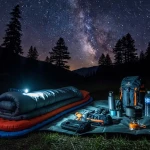 Équipement de bivouac organisé pour dormir à la belle étoile sous un ciel nocturne