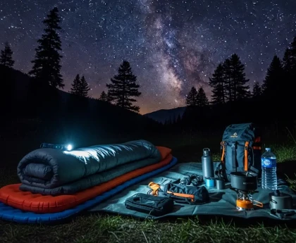 Équipement de bivouac organisé pour dormir à la belle étoile sous un ciel nocturne
