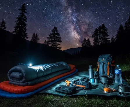 Équipement de bivouac organisé pour dormir à la belle étoile sous un ciel nocturne
