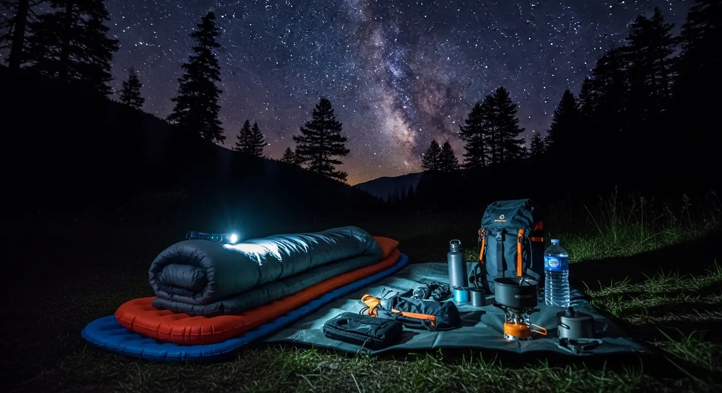 Équipement de bivouac organisé pour dormir à la belle étoile sous un ciel nocturne
