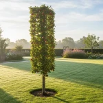 Pommier colonnaire bien taillé dans un jardin soigné et apaisant