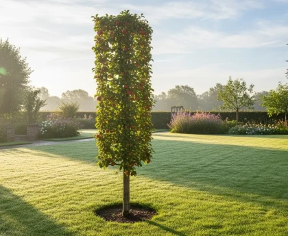 Pommier colonnaire bien taillé dans un jardin soigné et apaisant