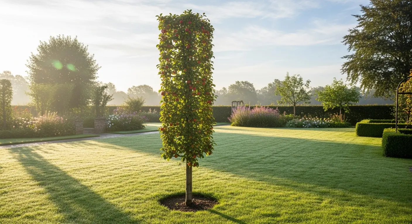 Pommier colonnaire bien taillé dans un jardin soigné et apaisant