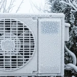 Unité extérieure de pompe à chaleur givrée en hiver, illustrant l'impact de la température sur le COP