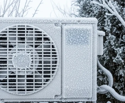 Unité extérieure de pompe à chaleur givrée en hiver, illustrant l'impact de la température sur le COP