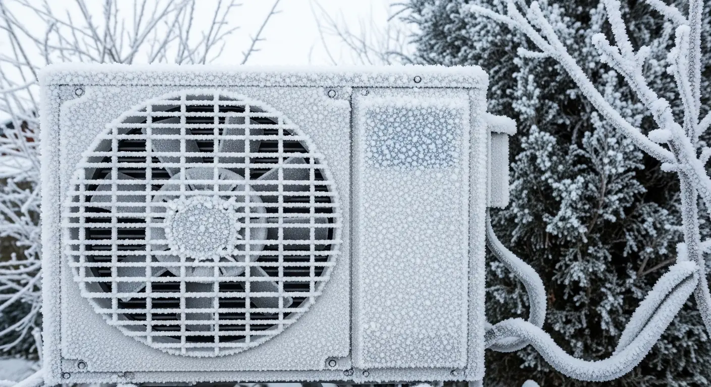 Unité extérieure de pompe à chaleur givrée en hiver, illustrant l'impact de la température sur le COP