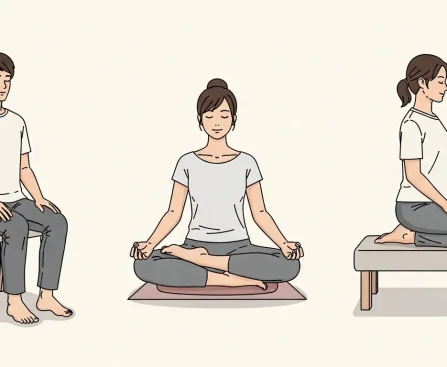 Différentes positions de méditation : chaise, tailleur et seiza sur coussin