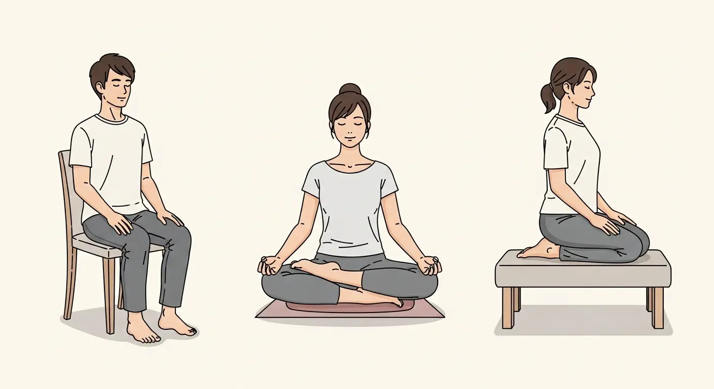 Différentes positions de méditation : chaise, tailleur et seiza sur coussin