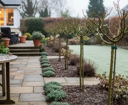 Rosiers en hiver dans un jardin soigné, traitement préventif anti-pucerons appliqué sur le bois nu