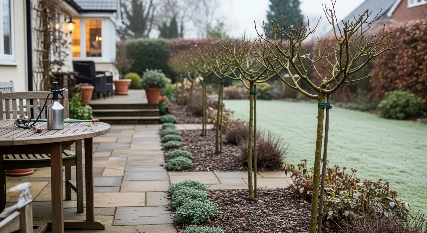 Rosiers en hiver dans un jardin soigné, traitement préventif anti-pucerons appliqué sur le bois nu