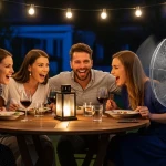 Ventilateur sur terrasse utilisé pour repousser les moustiques naturellement lors d'une soirée d'été
