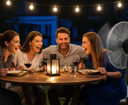 Ventilateur sur terrasse utilisé pour repousser les moustiques naturellement lors d'une soirée d'été