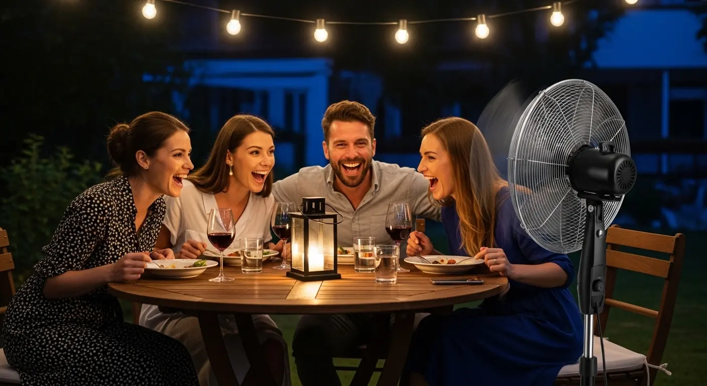 Ventilateur sur terrasse utilisé pour repousser les moustiques naturellement lors d'une soirée d'été