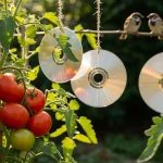Dispositifs de protection contre les oiseaux dans un petit jardin avec CD suspendus et fruits mûrs