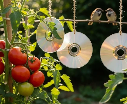 Dispositifs de protection contre les oiseaux dans un petit jardin avec CD suspendus et fruits mûrs