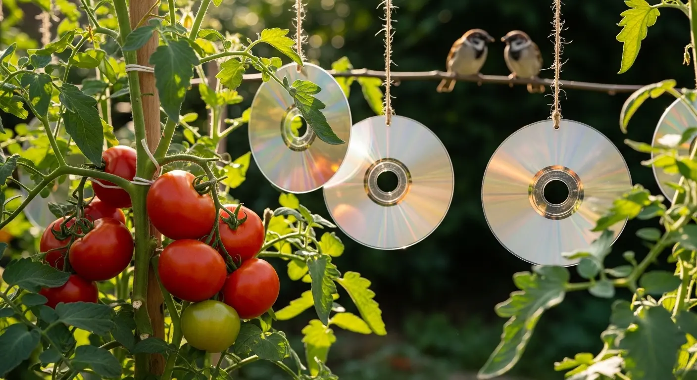 Dispositifs de protection contre les oiseaux dans un petit jardin avec CD suspendus et fruits mûrs