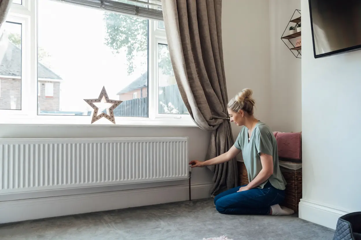 Rideau recouvrant un radiateur sous une fenêtre empêchant la circulation de l'air chaud dans la pièce