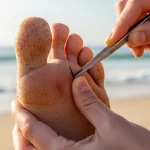 Main retirant une épine d'oursin avec une pince à épiler sur une plage