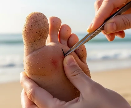 Main retirant une épine d'oursin avec une pince à épiler sur une plage