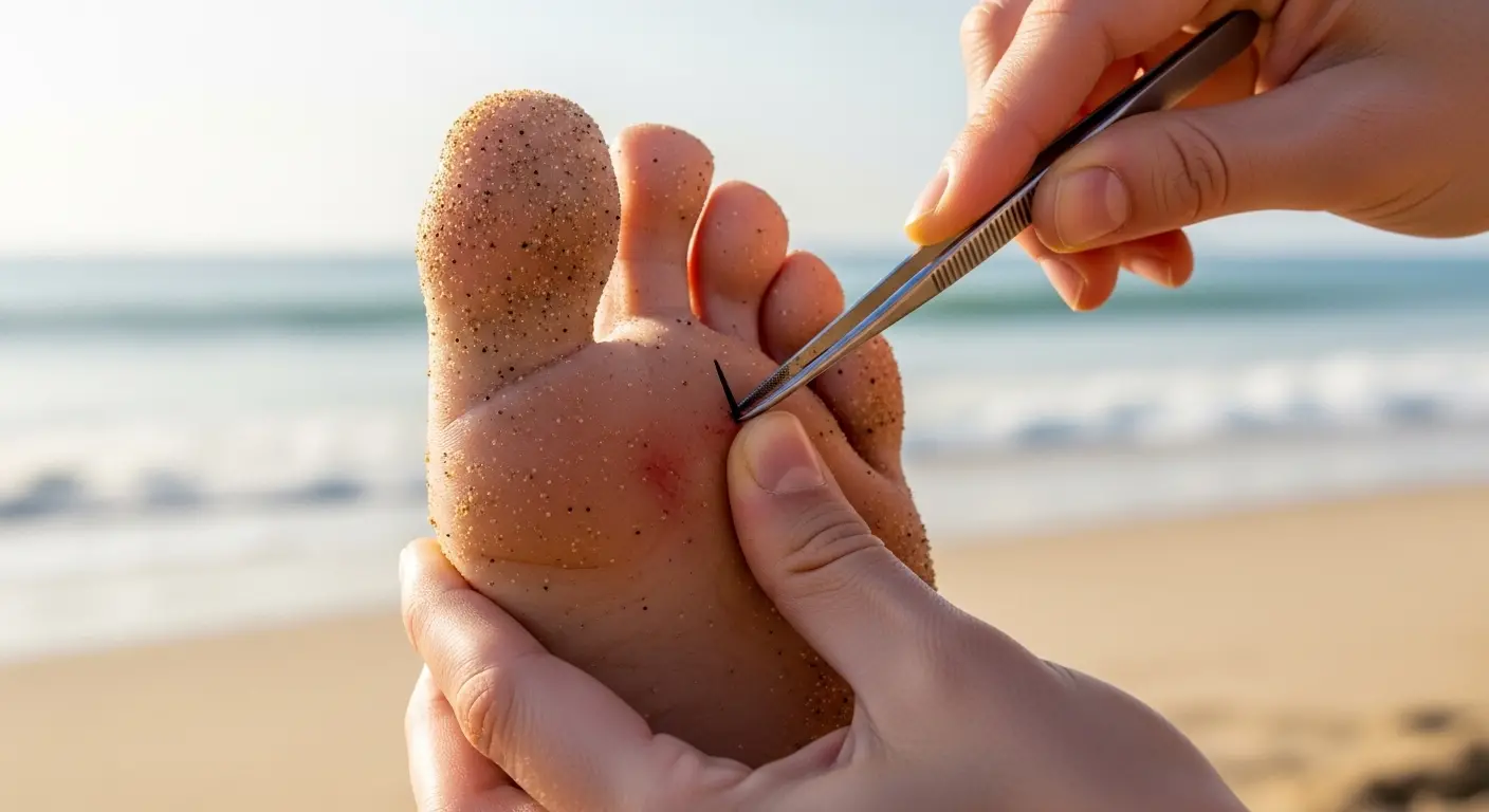 Main retirant une épine d'oursin avec une pince à épiler sur une plage