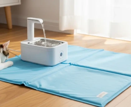 Accessoires pour animaux en été : tapis rafraîchissant bleu et fontaine filtrante pour chat posés dans un intérieur lumineux
