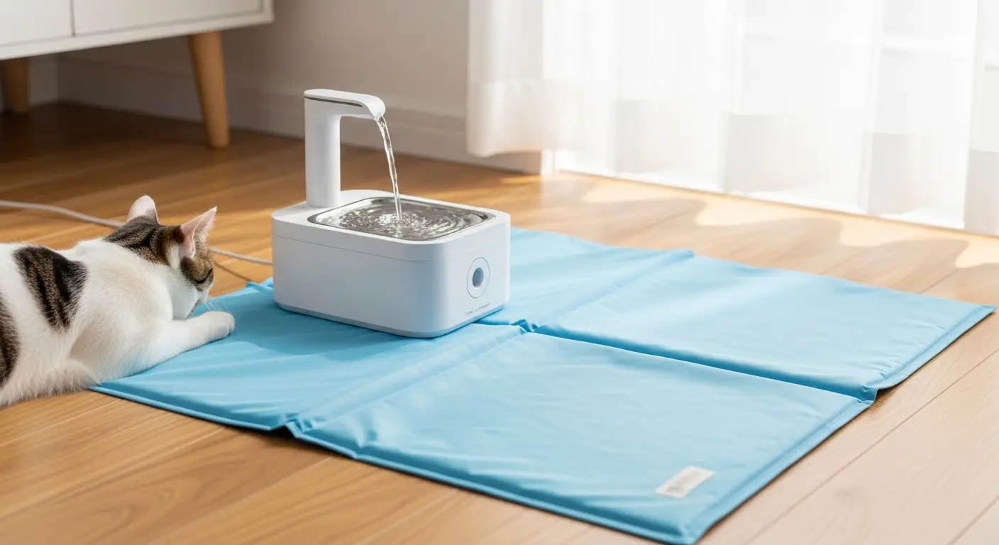Accessoires pour animaux en été : tapis rafraîchissant bleu et fontaine filtrante pour chat posés dans un intérieur lumineux