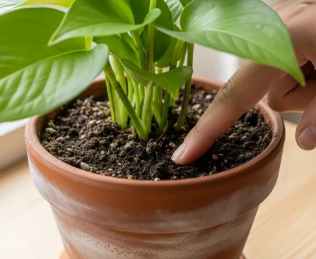 Plante verte en pot avec terre partiellement sèche pour illustrer le diagnostic de l'arrosage des plantes d'intérieur