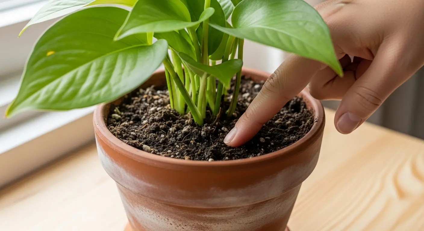 Plante verte en pot avec terre partiellement sèche pour illustrer le diagnostic de l'arrosage des plantes d'intérieur