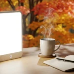 Lampe de luminothérapie allumée sur un bureau à côté d'une tasse de thé, ambiance automne